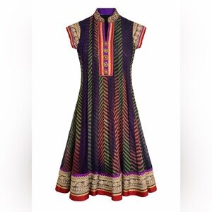 Embroidered Indian Anarkali Dress Purple Green Chevron Gold Trim Size 8 Silk